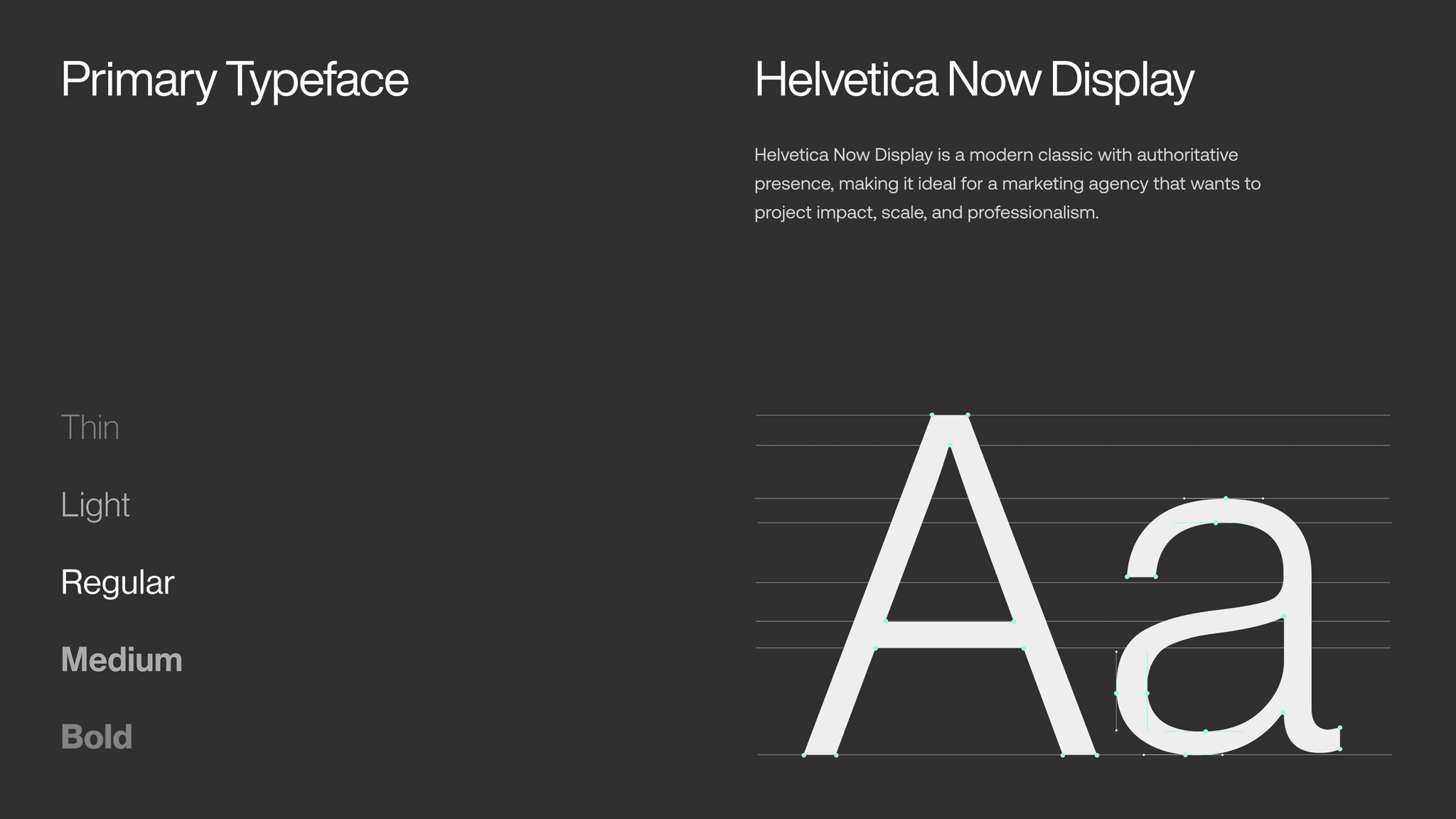Type specimen: the primary typeface, Helvetica Now Display, in Thin to Bold