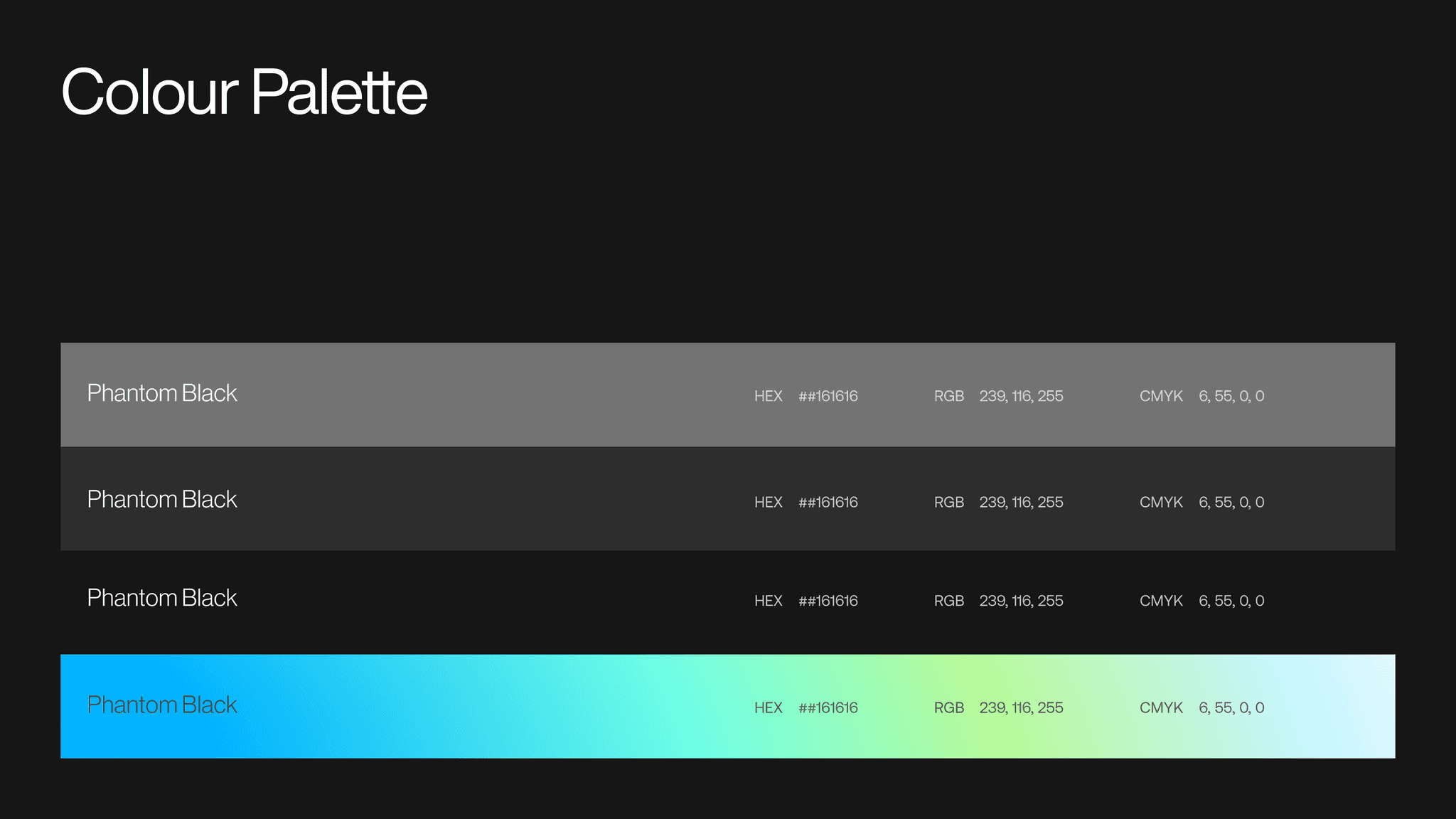The colour palette: Phantom Black in three tints and a blue-to-green gradient