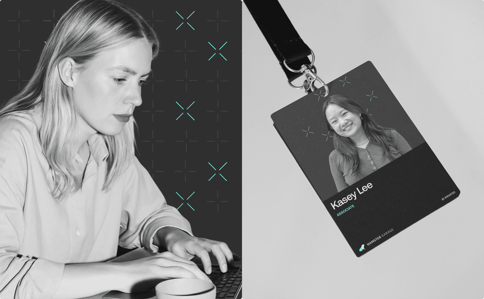 A black-and-white photo of a woman at a computer, beside a Hamster Garage staff ID badge