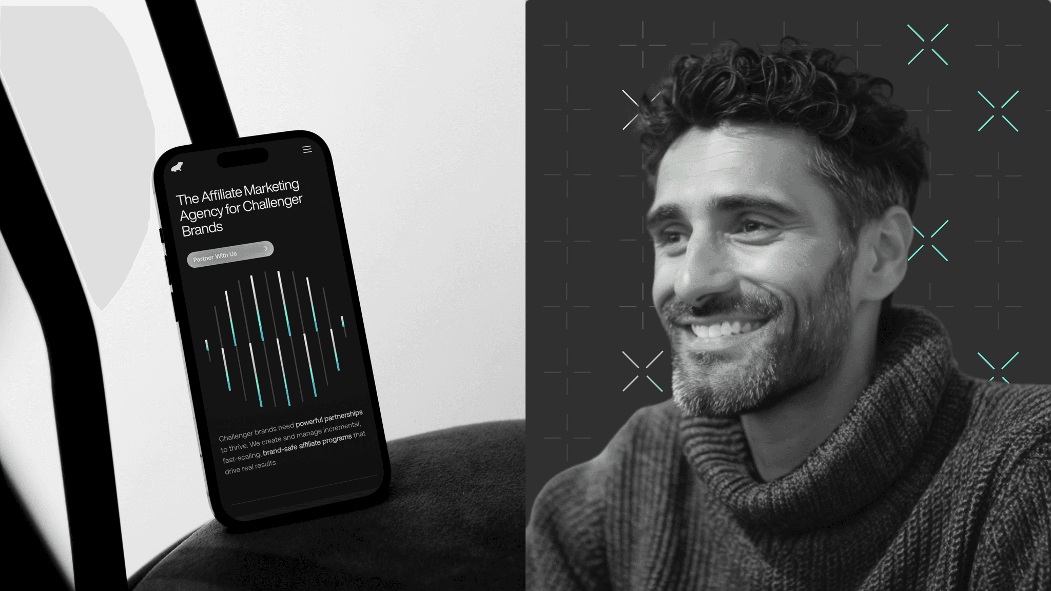 A phone showing the website with a bar-chart graphic, beside a smiling man in a knit jumper