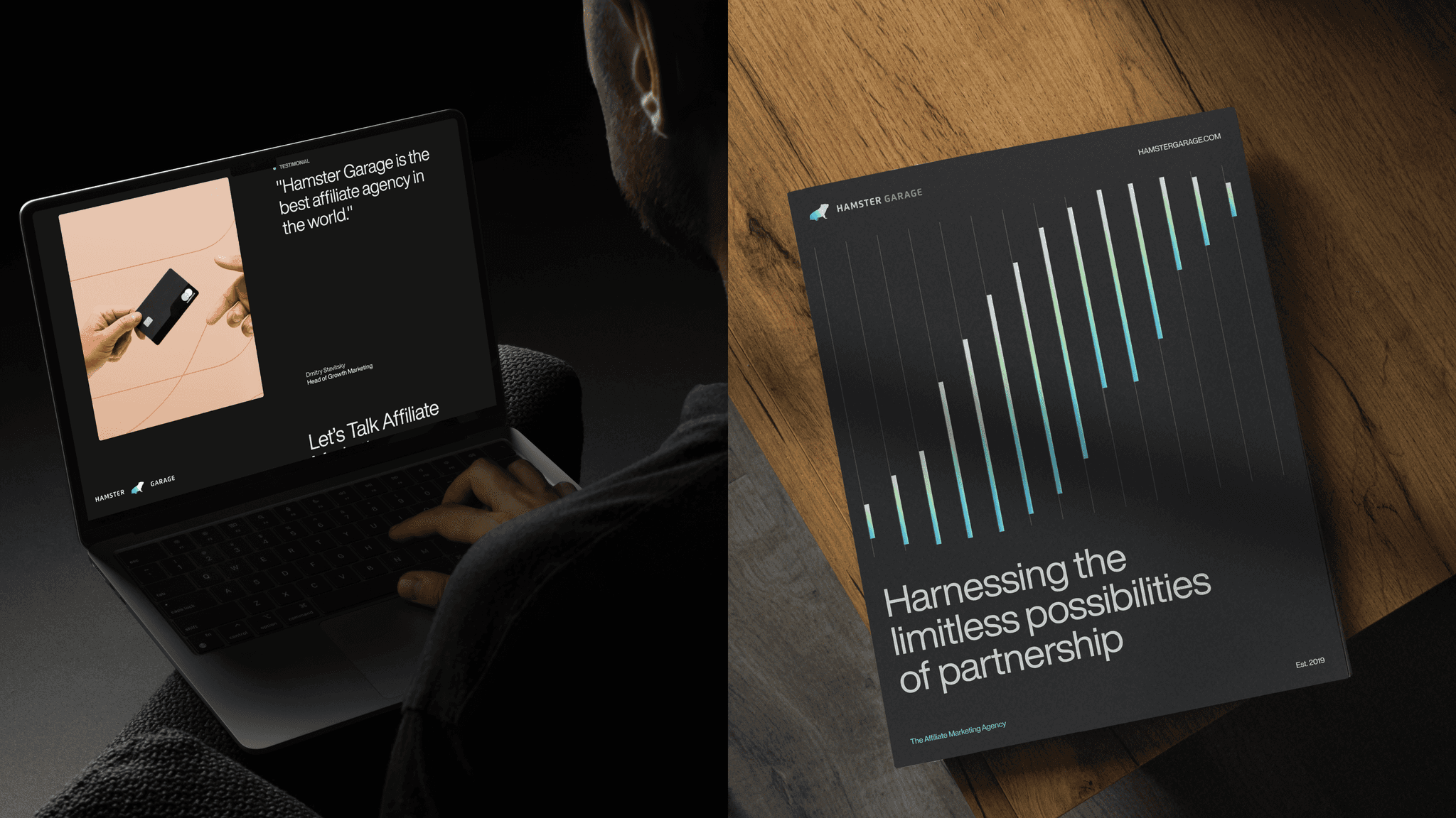 A tablet showing the website's quote section, beside a printed brochure titled "Harnessing the limitless possibilities of partnership"