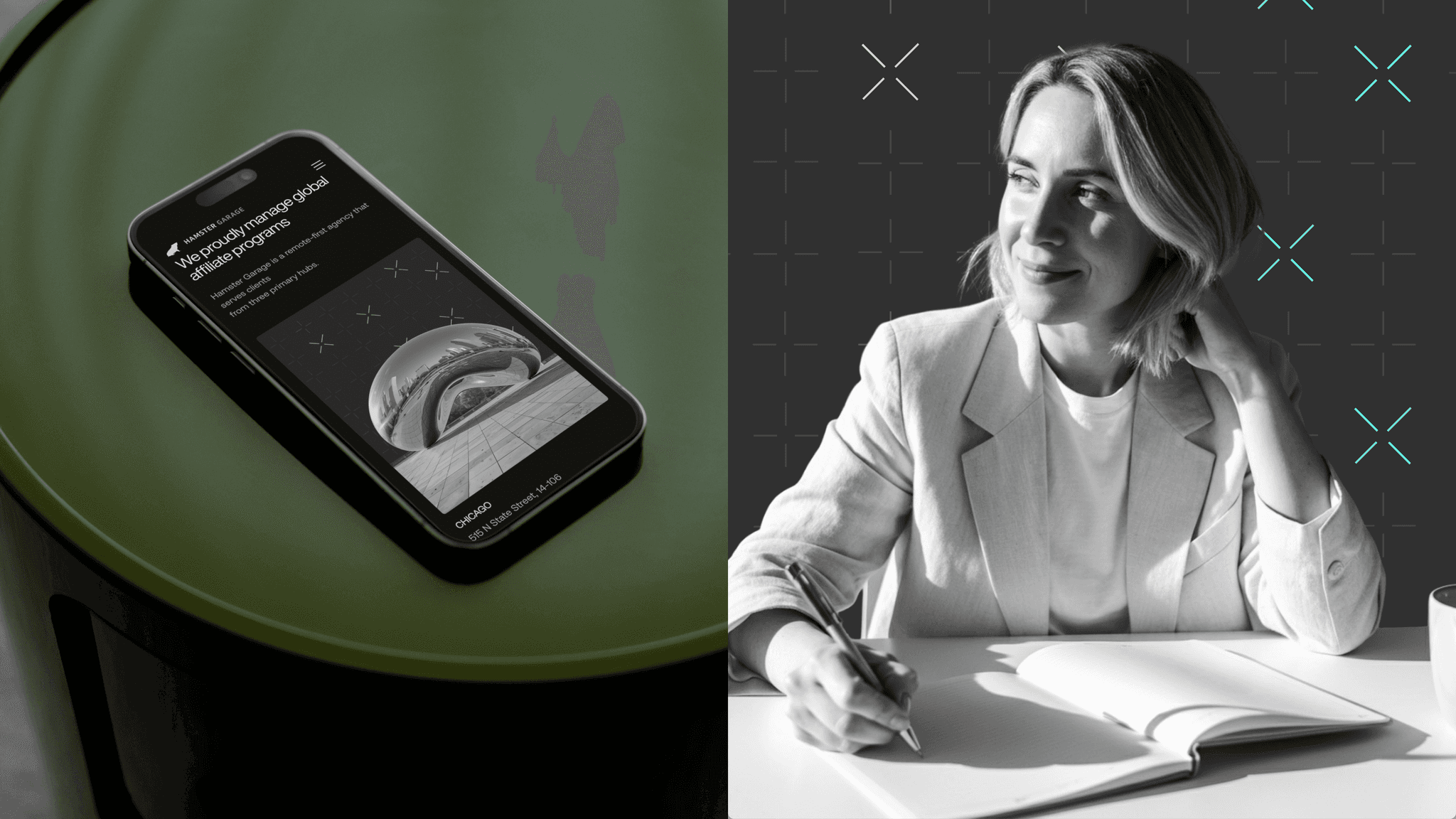A phone showing the website, beside a woman writing in a notebook