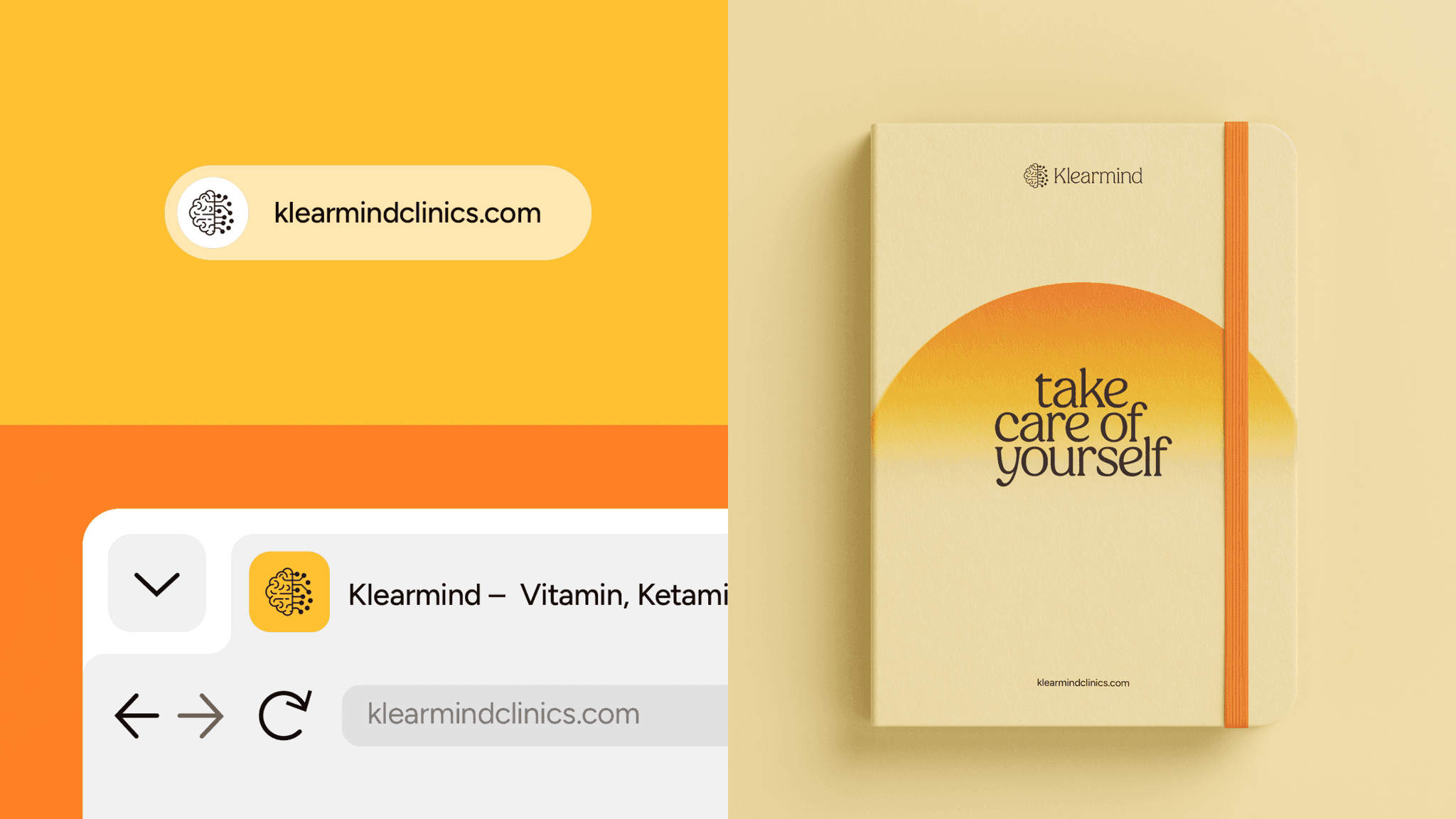 The Klearmind browser tab and web address on an orange background, beside a yellow notebook that reads "take care of yourself"