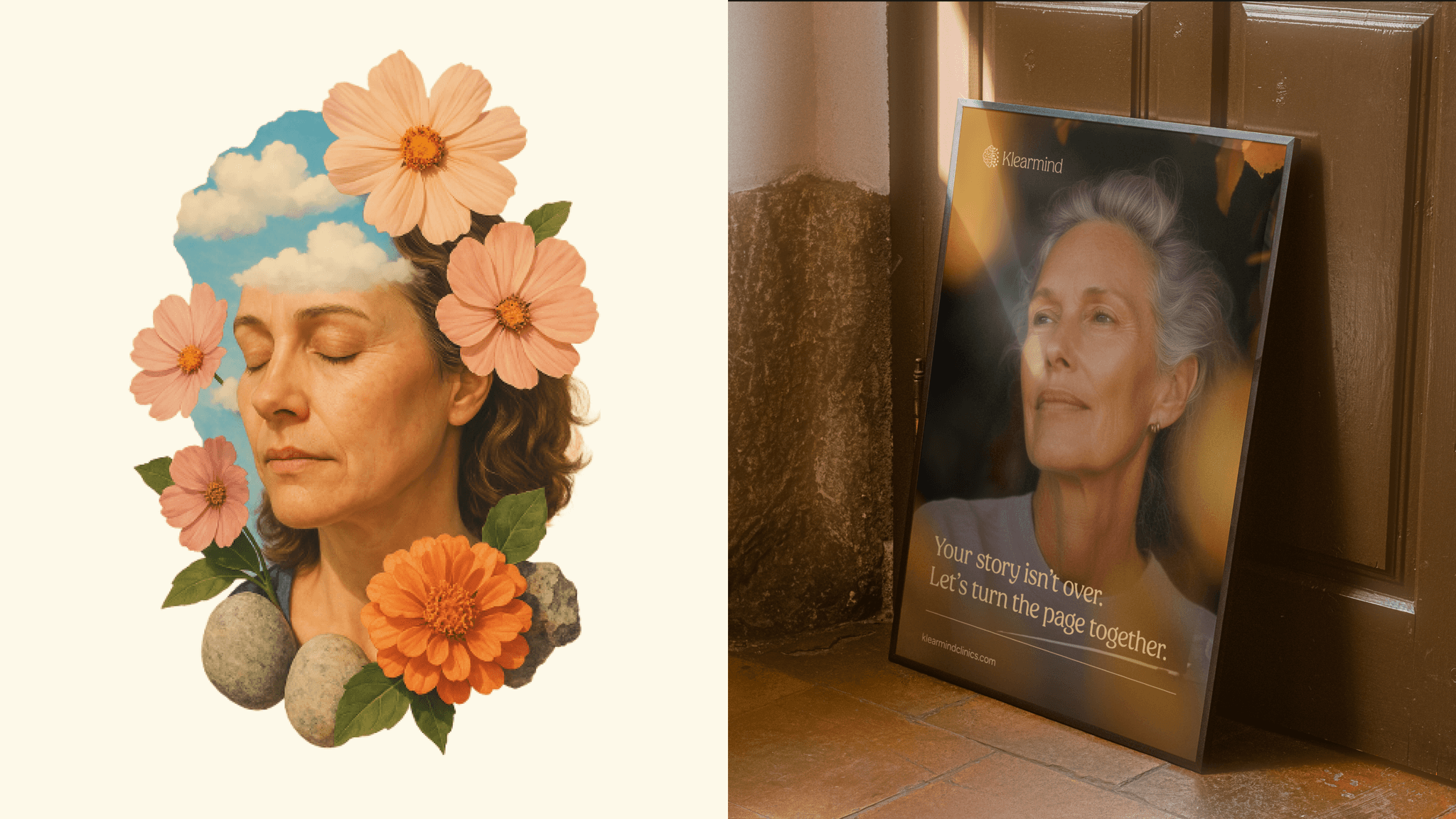 A collage poster of a woman with flowers and clouds in place of her hair, beside a framed portrait poster
