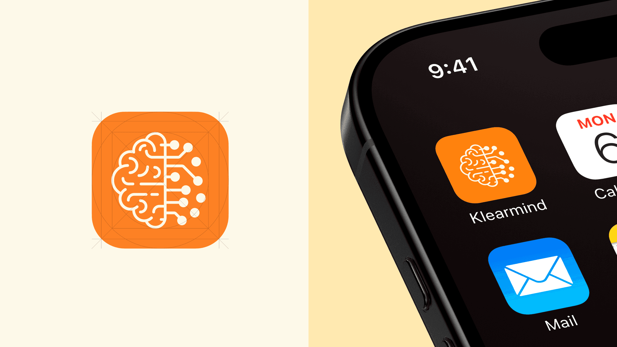 The orange Klearmind app icon, and a phone home screen showing the icon beside Mail