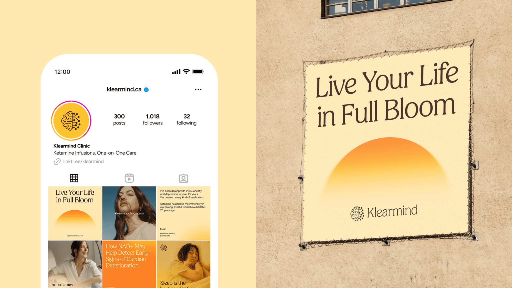 The Klearmind Instagram profile on a phone, beside a poster that reads "Live Your Life in Full Bloom"