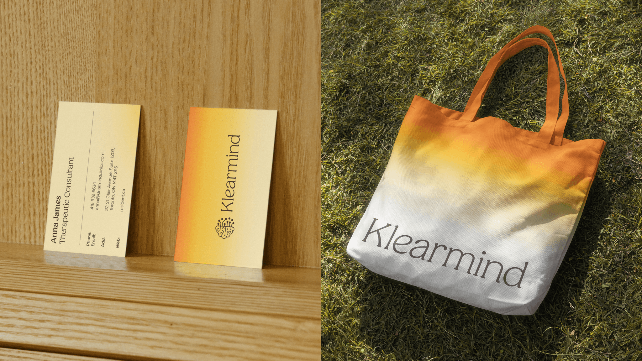 Klearmind business cards and a tote bag printed with the Klearmind logo