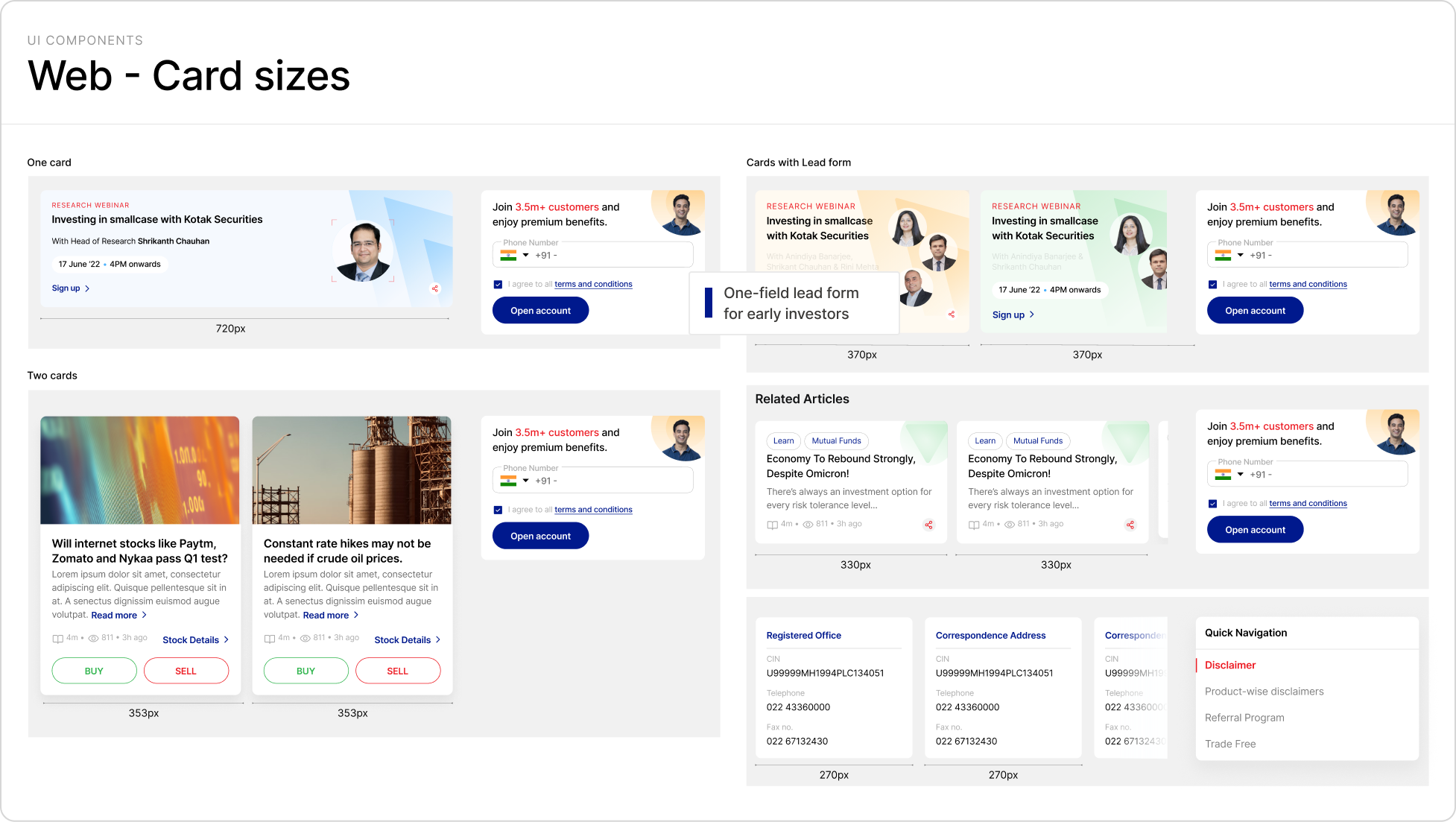 Web card sizes: one card, two cards, cards with a lead form, related articles and navigation, with a callout for the one-field lead form