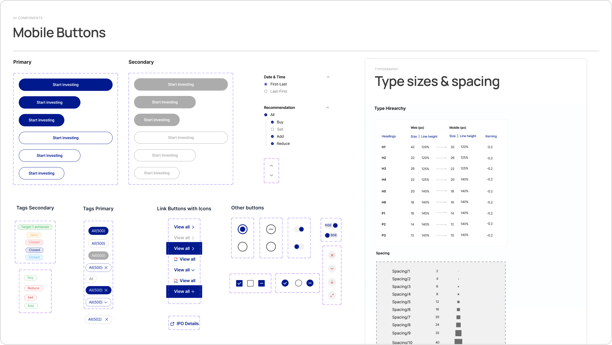 Design system: mobile buttons, tags, link buttons, and the type sizes and spacing table